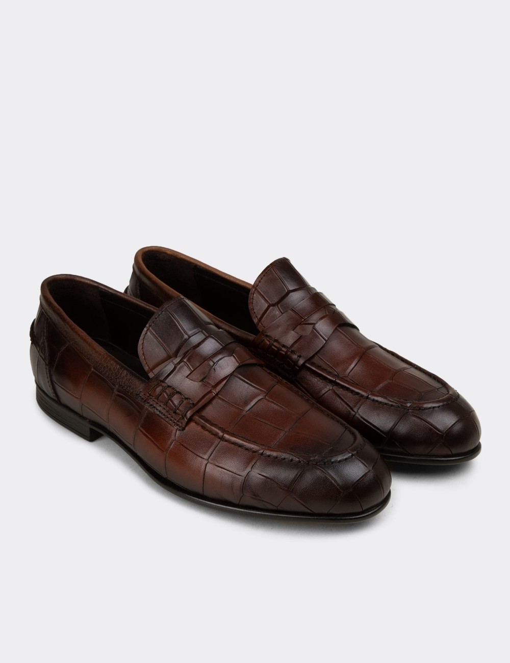 Erkek Hakiki Deri Kahverengi Kroko Desenli Loafer - 02049MKHVC01