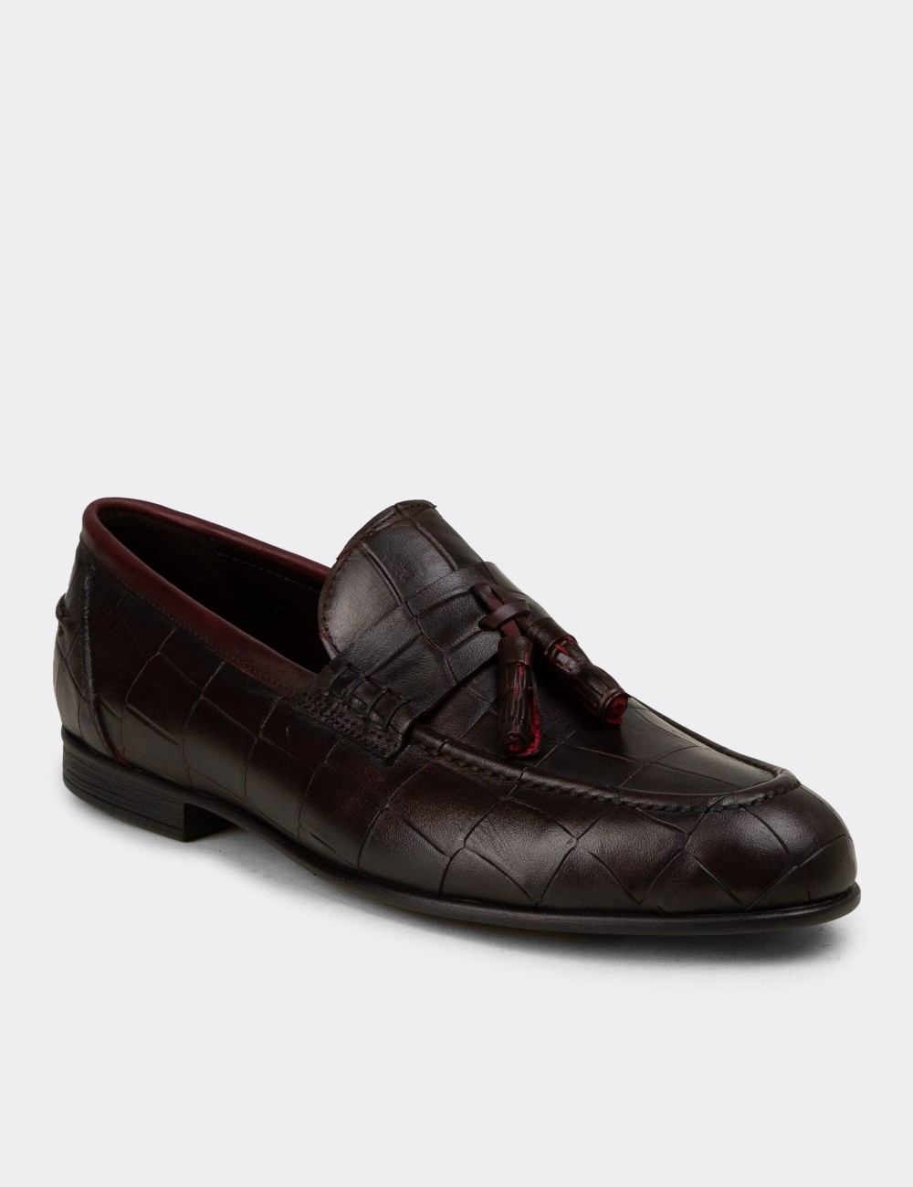 Erkek Bordo Hakiki Deri Püsküllü Loafer - 02050MBRDC01