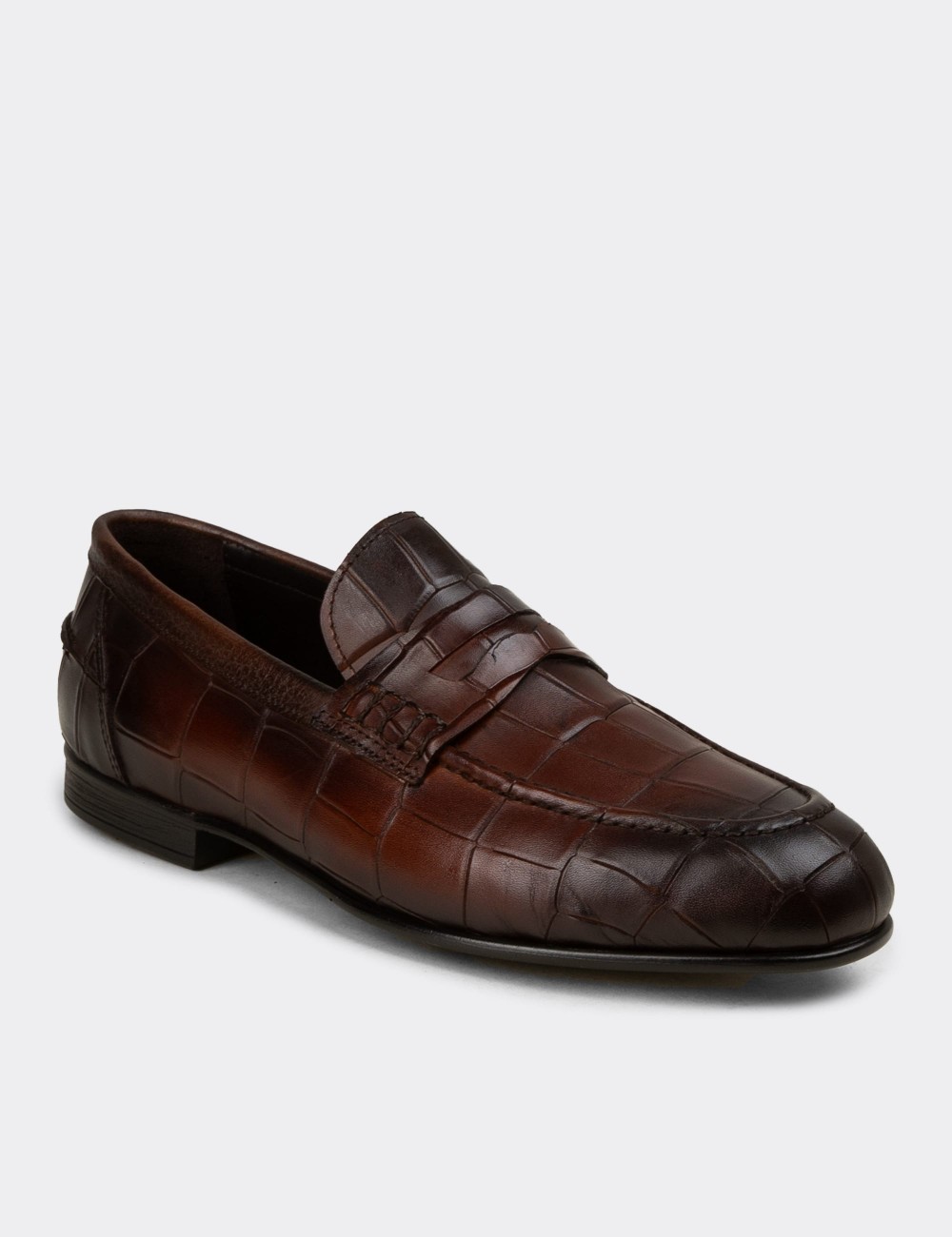 Erkek Hakiki Deri Kahverengi Kroko Desenli Loafer - 02049MKHVC01