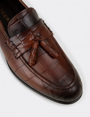 Erkek Hakiki Deri Taba Rengi Püsküllü Loafer - 02050MTBAC01