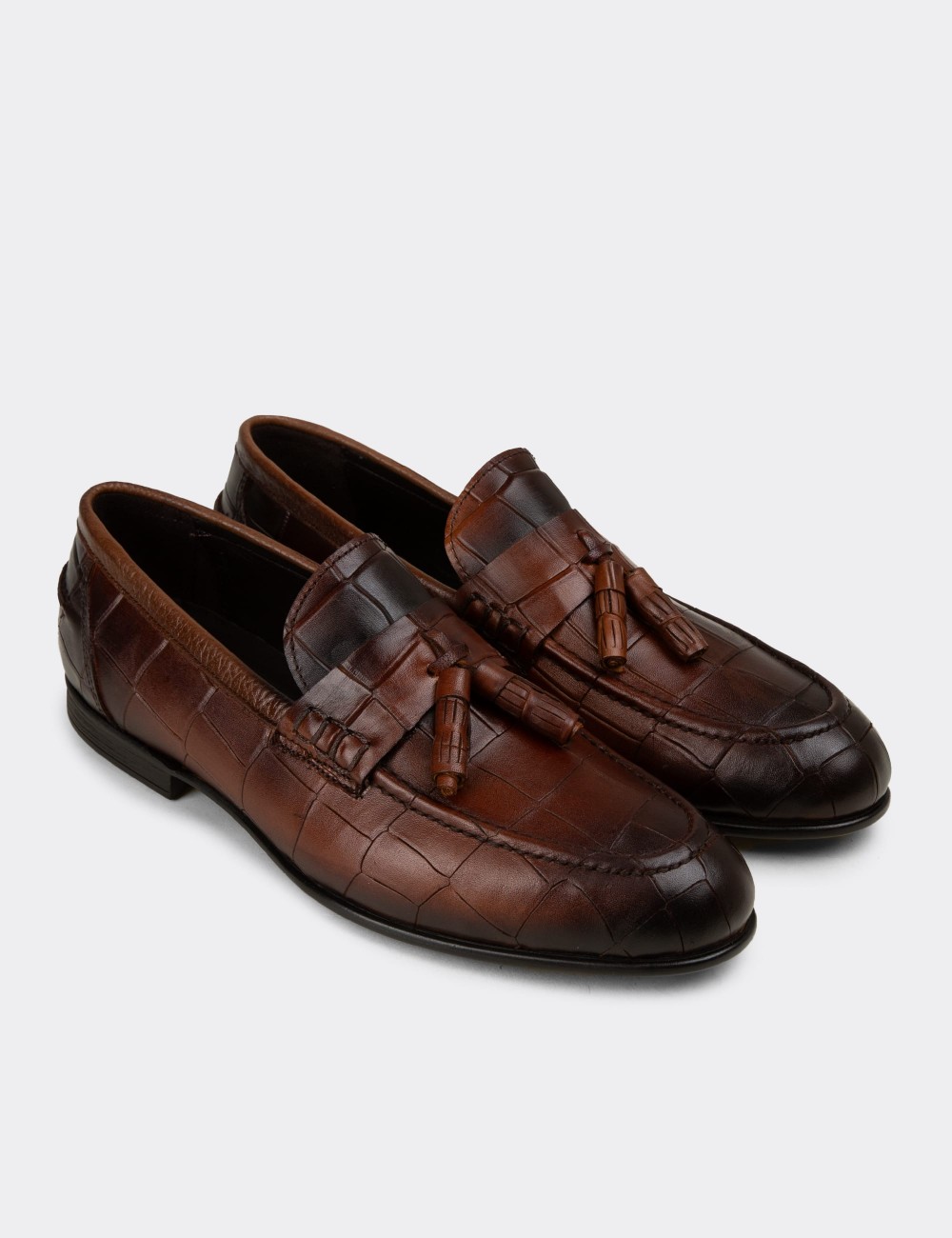 Erkek Hakiki Deri Taba Rengi Püsküllü Loafer - 02050MTBAC01