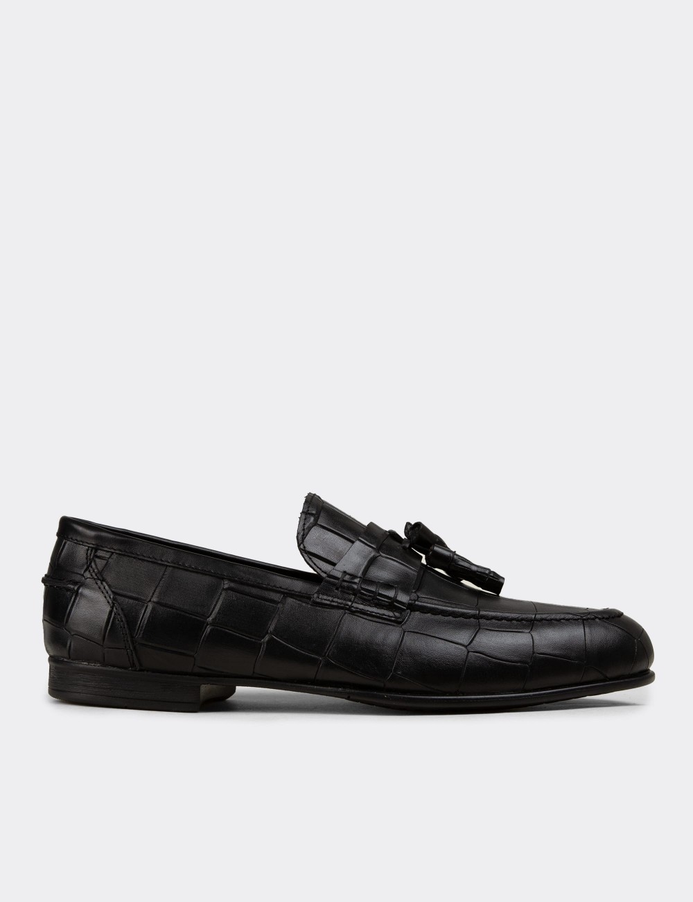 Erkek Hakiki Deri Siyah Püsküllü Loafer - 02050MSYHC01