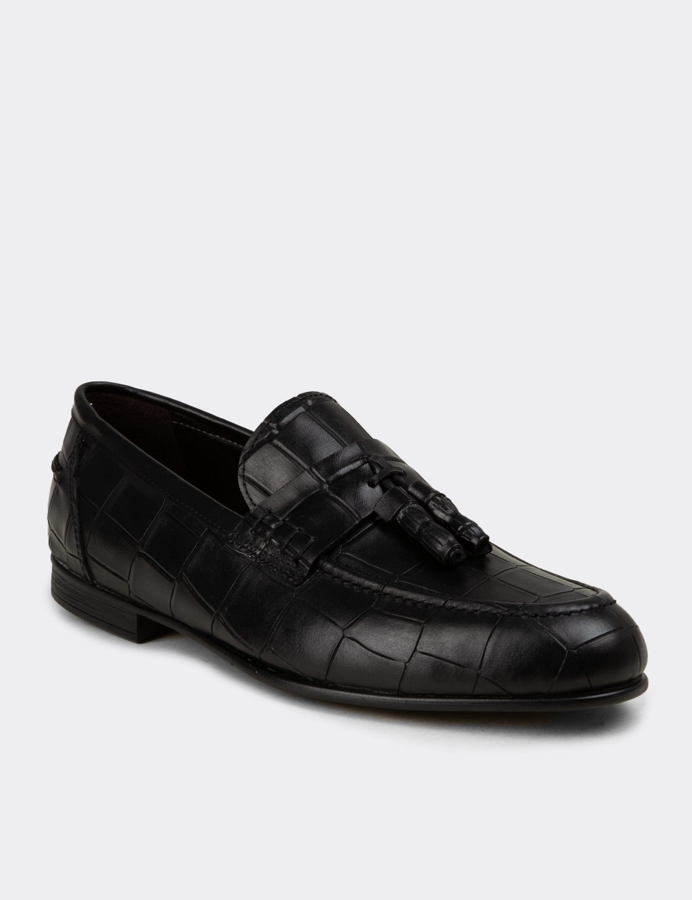 Erkek Hakiki Deri Siyah Püsküllü Loafer - 02050MSYHC01
