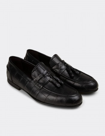 Erkek Hakiki Deri Siyah Püsküllü Loafer