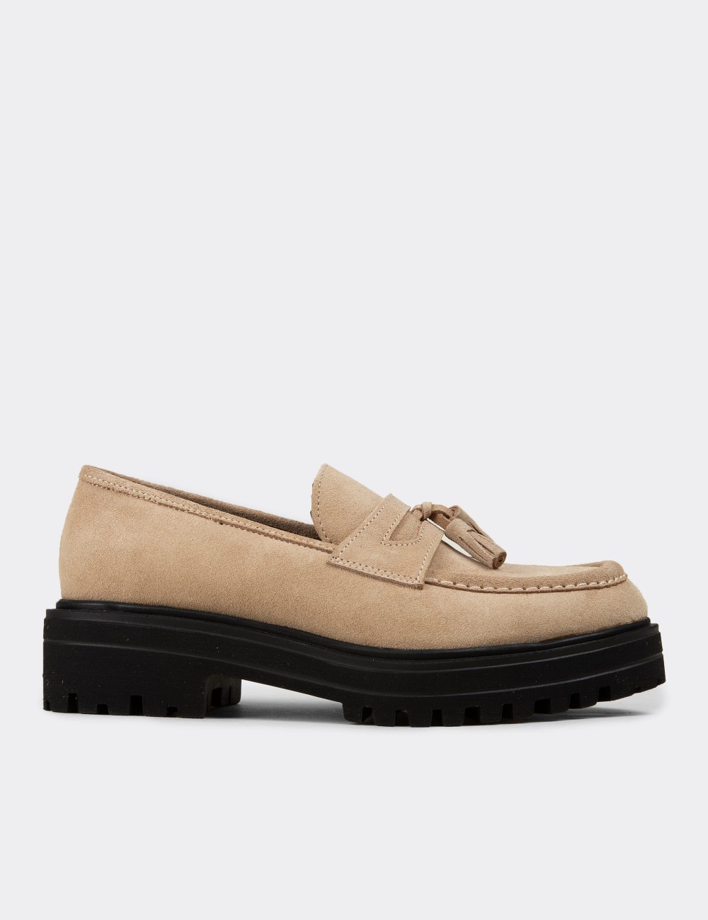 Kadın Hakiki Süet Bej Püküllü Loafer - 02020ZBEJE01