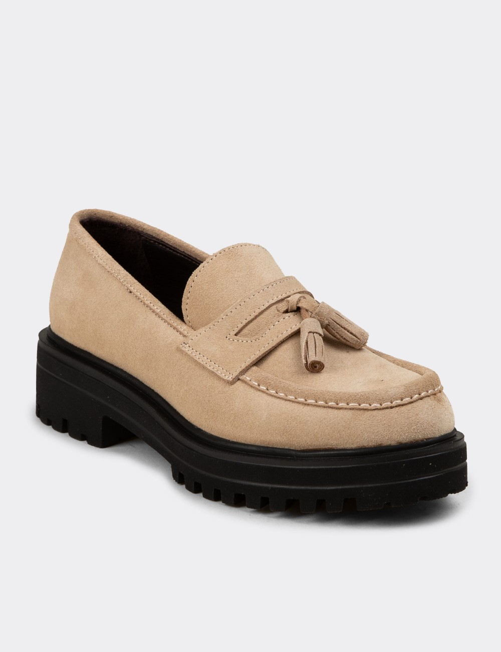 Kadın Hakiki Süet Bej Püküllü Loafer - 02020ZBEJE01