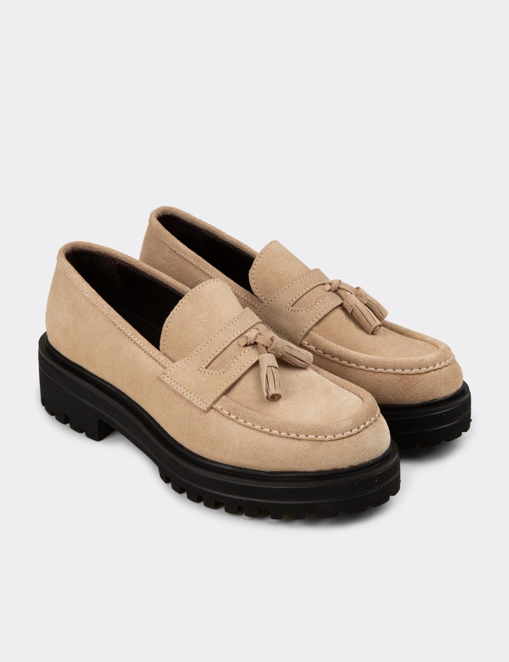 Kadın Hakiki Süet Bej Püküllü Loafer - 02020ZBEJE01