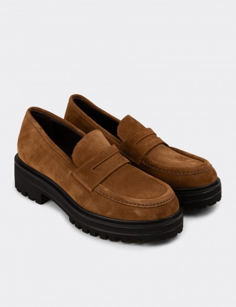 Kadın Hakiki Süet Taba Renk Loafer Ayakkabı