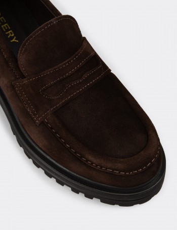 Kadın Hakiki Süet Kahverengi Loafer Ayakkabı