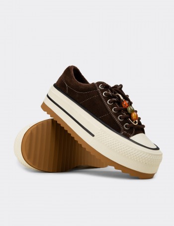 Kadın Hakiki Süet Kahverengi Platform Sneaker - 26366ZKHVC01