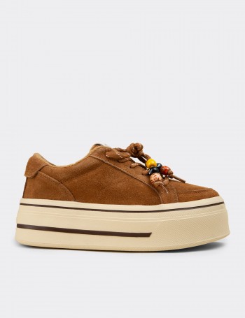 Kadın Hakiki Süet Taba Renkli Platform Sneaker