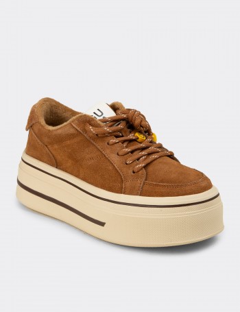 Kadın Hakiki Süet Taba Renkli Platform Sneaker