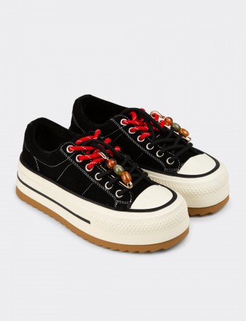 Kadın Hakiki Süet Siyah Platform Spor Ayakkabı - 26366ZSYHC01