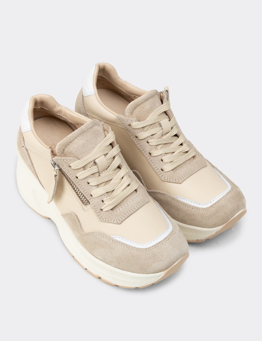 Kadın Hakiki Süet Bej Dolgu Topuk Sneaker - M9147ZBEJC01