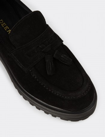 Kadın Hakiki Süet Siyah Püsküllü Loafer - 02020ZSYHE01