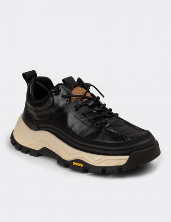 Erkek Hakiki Deri Siyah Sneaker Ayakkabı