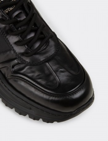 Erkek Hakiki Deri Siyah Sneaker Ayakkabı