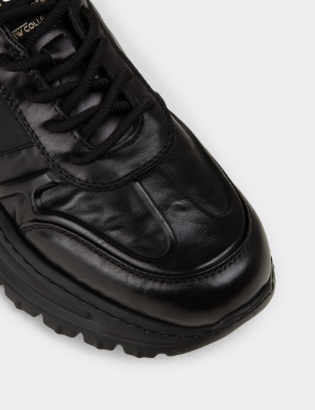 Erkek Hakiki Deri Siyah Sneaker Ayakkabı