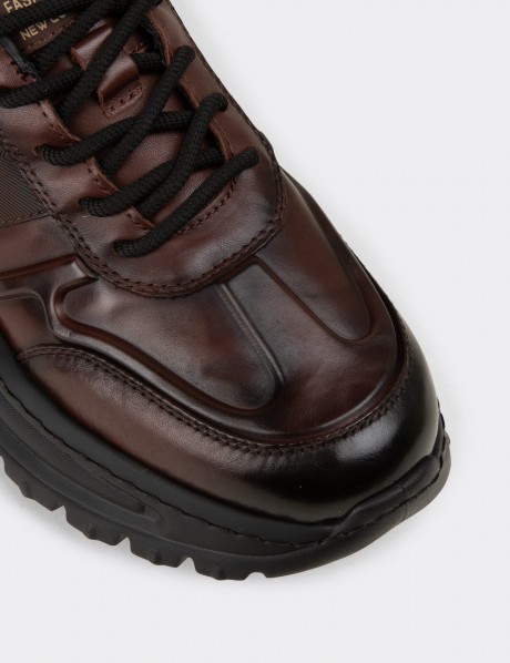 Erkek Kahverengi Hakiki Deri Sneaker Ayakkabı
