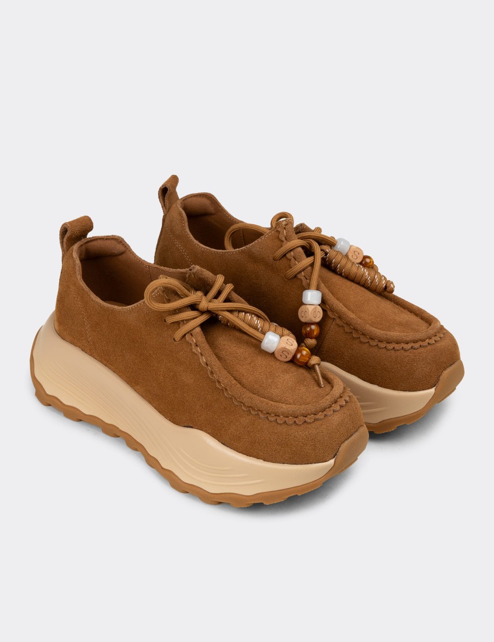 Kadın Hakiki Süet Taba Renk Sneaker - 26335ZTBAC01