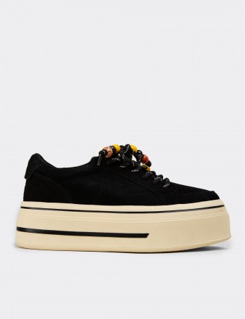 Kadın Hakiki Süet Siyah Sneaker Yüksek Taban