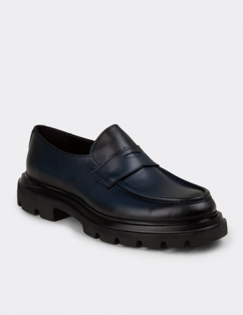 Erkek Hakiki Deri Lacivert Loafer Ayakkabı