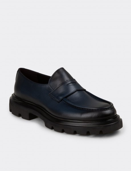 Erkek Hakiki Deri Lacivert Loafer Ayakkabı