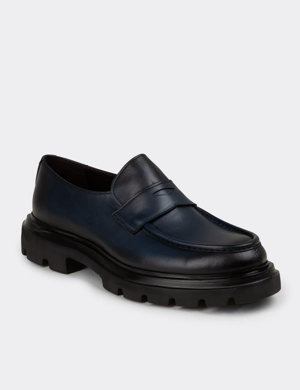 Erkek Hakiki Deri Lacivert Loafer Ayakkabı - 01980MLCVE02