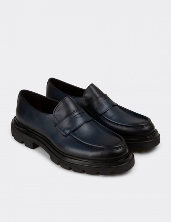 Erkek Hakiki Deri Lacivert Loafer Ayakkabı - 01980MLCVE02