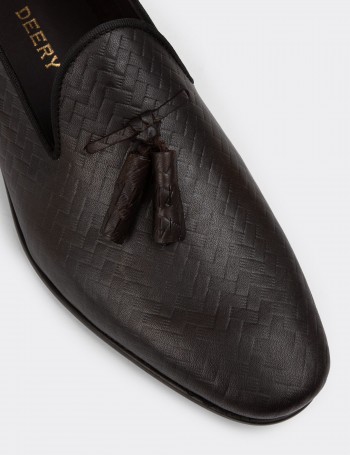 Erkek Kahverengi Deri Püsküllü Loafer - 01702MKHVC25
