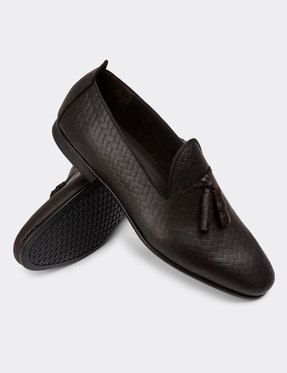 Erkek Kahverengi Deri Püsküllü Loafer - 01702MKHVC25