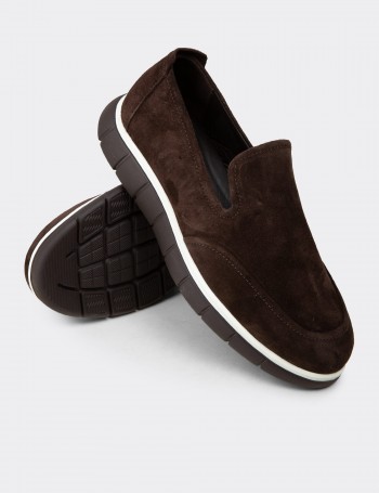 Erkek Hakiki Süet Kahverengi Loafer Ayakkabı - 02044MKHVE03
