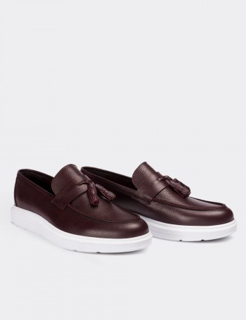 Hakiki Deri Bordo Püsküllü Erkek Loafer - 01587MBRDP02