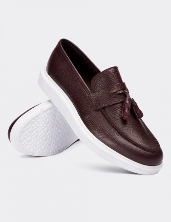 Hakiki Deri Bordo Püsküllü Erkek Loafer - 01587MBRDP02