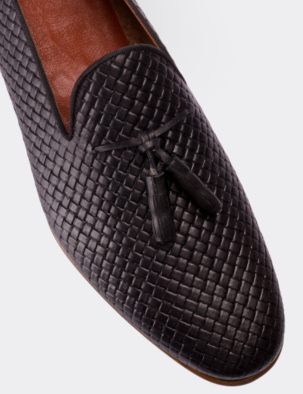 Hakiki Deri Siyah Örgü Desen Erkek Loafer - 01702MSYHM01