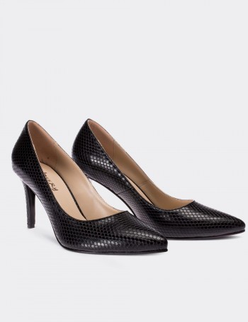 Siyah Yılan Desenli Kadın Stiletto - 02029ZSYHM03