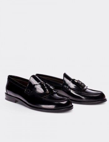 Hakiki Deri Siyah Püsküllü Erkek Loafer - 01735MSYHM01
