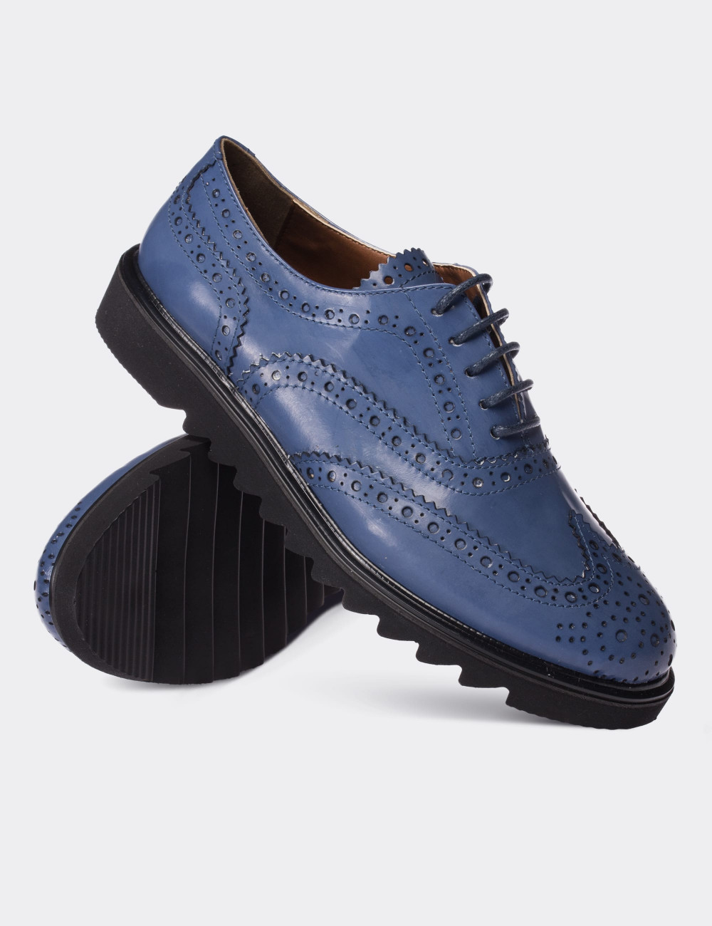 Hakiki Rugan Mavi Günlük Oxford Kadın Ayakkabı - 01418ZMVIP01
