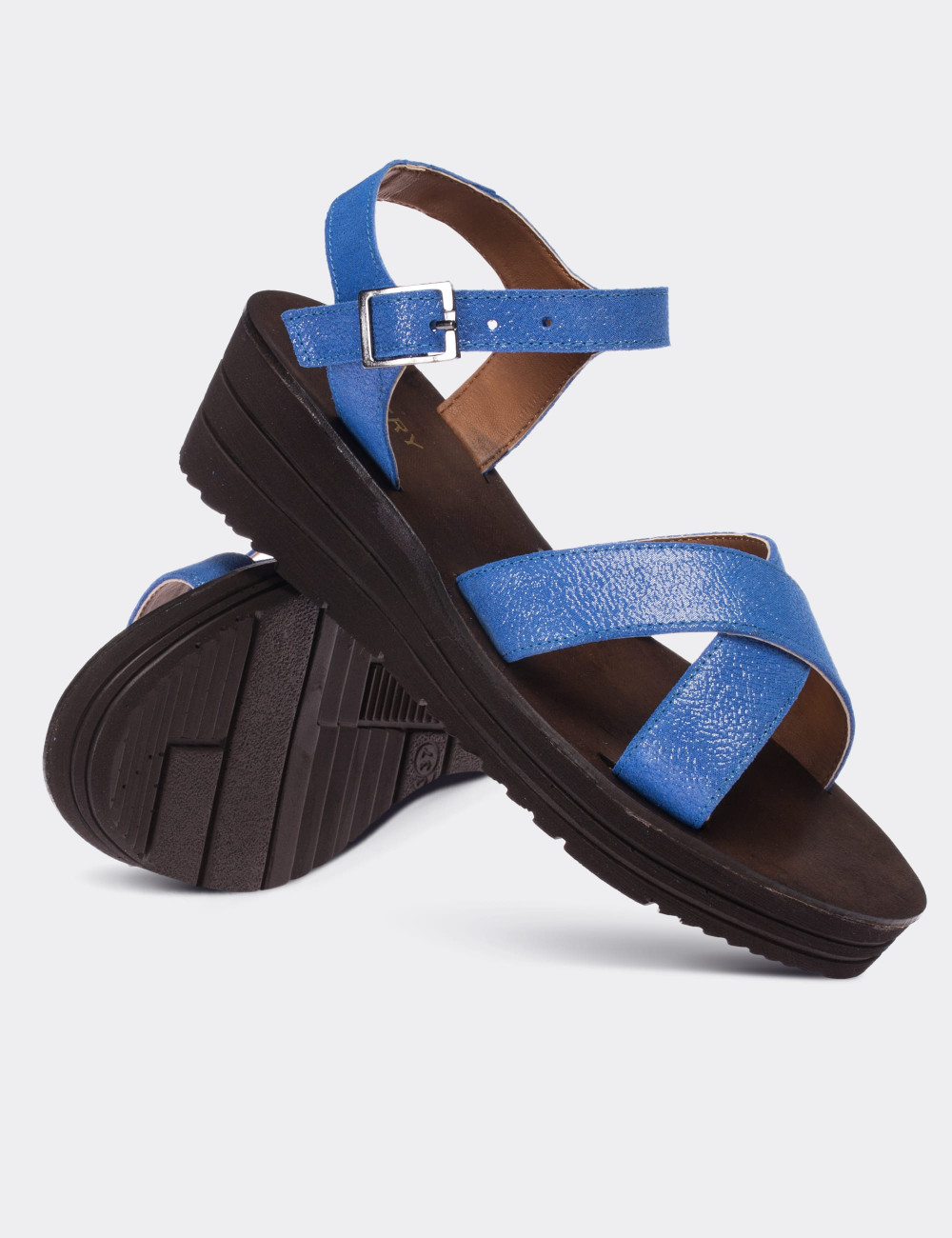 Hakiki Deri Mavi  Kadın Sandalet - 02124ZMVIC01
