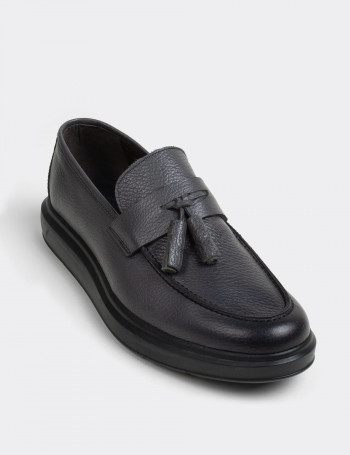 Hakiki Deri Gri Püsküllü Erkek Loafer - 01587MGRIP03